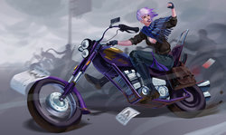 Size: 1023x610 | Tagged: dead source, safe, artist:sunset tide, gilda, human, badass, biker, boots, breasts, chopper, clothes, fingerless gloves, gloves, humanized, jacket, leather jacket, looking back, motorcycle, pants, raised fist, shoes, smiling, solo focus