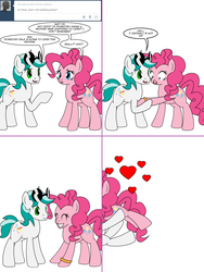 Size: 1204x1604 | Tagged: safe, artist:dekomaru, pinkie pie, oc, oc:dazzle, earth pony, pony, tumblr:ask twixie, g4, ask, canon x oc, comic, engagement ring, female, glomp, happy, heart, male, ring, shipping, simple background, stallion, straight, tumblr, white background