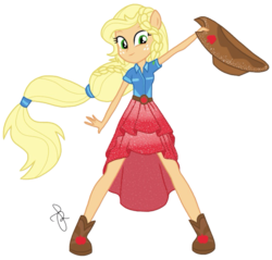 Size: 2048x1960 | Tagged: safe, artist:ilaria122, applejack, equestria girls, equestria girls series, forgotten friendship, g4, alternate hairstyle, ankle boots, clothes, cowboy hat, dress, female, freckles, hat, ponied up, simple background, solo, stetson, transparent background
