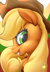 Size: 955x1351 | Tagged: safe, artist:mysticalpha, applejack, earth pony, pony, g4, cowboy hat, female, freckles, hat, looking back, mare, smiling, solo, stetson