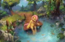 Size: 1980x1280 | Tagged: safe, artist:orchidpony, fluttershy, fish, pegasus, pony, g4, female, forest, grass, lake, looking down, mare, pier, scenery, sitting, smiling, solo, tree, water, waterlily