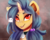 Size: 3000x2400 | Tagged: safe, artist:skylacuna, oc, oc only, pony, unicorn, bell, bell collar, blue hair, blue mane, bust, choker, collar, digital art, female, hair accessory, high res, mare, orange eyes, portrait, smiling, solo, yellow coat