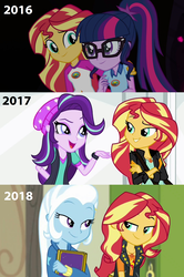 Size: 1703x2560 | Tagged: safe, edit, edited screencap, screencap, sci-twi, starlight glimmer, sunset shimmer, trixie, twilight sparkle, equestria girls, equestria girls specials, g4, my little pony equestria girls: better together, my little pony equestria girls: forgotten friendship, my little pony equestria girls: legend of everfree, my little pony equestria girls: mirror magic, beanie, counterparts, female, glasses, hat, lesbian, ship:sci-twishimmer, ship:shimmerglimmer, ship:sunsetsparkle, ship:suntrix, shipping, sunset shimmer gets all the mares, twilight's counterparts