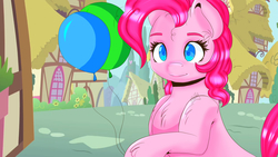 Size: 1920x1080 | Tagged: safe, artist:milkymitsuki, pinkie pie, earth pony, pony, g4, balloon, choker, female, looking at you, mare, ponyville, solo