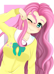 Size: 2200x3000 | Tagged: safe, artist:milkymitsuki, fluttershy, human, equestria girls, g4, clothes, cute, female, high res, human coloration, one eye closed, shyabetes, solo