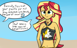 Size: 5000x3114 | Tagged: safe, artist:artiks, sunset shimmer, trixie, equestria girls, equestria girls specials, g4, my little pony equestria girls: better together, my little pony equestria girls: forgotten friendship, beach, belly button, clothes, debate in the comments, dialogue, female, friendship lesson, geode of empathy, grammar error, misspelling, speech bubble, swimsuit