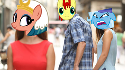 Size: 1564x880 | Tagged: safe, somnambula, trixie, oc, oc:sethisto, g4, angry, distracted boyfriend meme, exploitable meme, image macro, meme