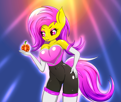 Size: 2200x1848 | Tagged: safe, artist:canister, fluttershy, bat pony, anthro, g4, breasts, clothes, cosplay, costume, crossover, element of honesty, female, flutterbat, race swap, rouge the bat costume, solo, sonic the hedgehog (series), wingless, wingless anthro