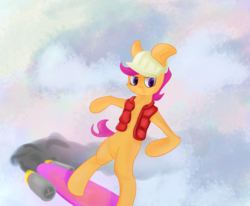 Size: 3836x3156 | Tagged: safe, artist:generallegion, scootaloo, pony, g4, back to the future, bipedal, cap, clothes, female, hat, high res, hoverboard, jacket, sky, solo