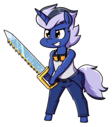 Size: 970x1092 | Tagged: safe, artist:whatsapokemon, oc, oc only, oc:iron ore, unicorn, anthro, chibi, fury of the archipelago, goggles, male, simple background, solo, sword, transparent background, weapon