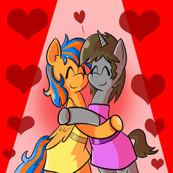 Size: 576x576 | Tagged: source needed, safe, artist:pembroke, oc, oc only, oc:cold front, oc:disty, pegasus, pony, unicorn, clothes, crossdressing, cute, dress, gay, happy, heart, holiday, hug, love, male, oc x oc, shipping, smiling, valentine, valentine's day