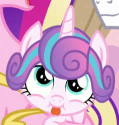 Size: 334x353 | Tagged: safe, screencap, princess cadance, princess flurry heart, shining armor, pony, g4, once upon a zeppelin, :p, cropped, cute, flurrybetes, silly, silly pony, solo focus, tongue out
