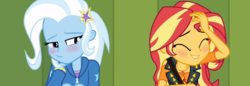 Size: 3073x1051 | Tagged: safe, edit, edited screencap, screencap, sunset shimmer, trixie, equestria girls, g4, my little pony equestria girls: better together, blushing, female, lesbian, ship:suntrix, shipping, smiling