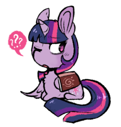 Size: 426x448 | Tagged: safe, artist:urbanqhoul, twilight sparkle, alicorn, pony, g4, chest fluff, female, folded wings, mare, one eye closed, ponyloaf, prone, question mark, simple background, sitting, solo, transparent background, twilight sparkle (alicorn), wink