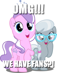 Size: 3946x5000 | Tagged: safe, artist:dashiesparkle, diamond tiara, silver spoon, earth pony, pony, g4, adorabullies, cute, duo, duo female, excited, fans, female, filly, image macro, meme, omg, open mouth, raised hoof, silverbetes, simple background, smiling, white background