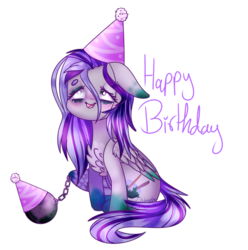 Size: 1897x1914 | Tagged: safe, artist:honeybbear, oc, oc only, oc:mossy green, pegasus, pony, ball and chain, female, floppy ears, hat, mare, party hat, simple background, sitting, solo, transparent background