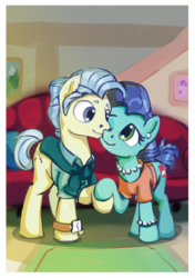 Size: 2323x3295 | Tagged: dead source, safe, artist:drafthoof, mr. paleo, mrs. paleo, earth pony, pony, g4, the fault in our cutie marks, bracelet, clothes, couch, duo, ear piercing, earring, father and mother, female, high res, holding hooves, husband and wife, jewelry, looking at each other, male, mare, married couple, necklace, pearl earrings, pearl necklace, piercing, stallion, watch, wristwatch