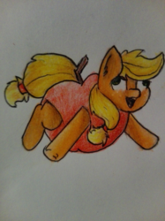 Size: 1024x1366 | Tagged: safe, artist:lilrandum, applejack, earth pony, pony, g4, apple, applejack becoming an apple, clothes, costume, derp, female, food, food costume, giant apple, happy, mare, open mouth, shading, silly, silly pony, smiling, solo, traditional art, who's a silly pony