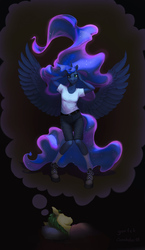 Size: 698x1200 | Tagged: safe, artist:cannibalus, artist:gor1ck, princess luna, oc, alicorn, anthro, unguligrade anthro, g4, bed, birthday gift, black background, clothes, collaboration, dream, dream walker luna, female, gift art, holding head, mare, simple background, sleeping, spread wings, wings