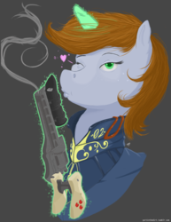 Size: 2550x3300 | Tagged: safe, artist:mongol, oc, oc only, oc:littlepip, pony, unicorn, fallout equestria, bust, clothes, fanfic, fanfic art, female, glowing horn, gray background, gun, handgun, heart, high res, horn, jumpsuit, kissing, levitation, little macintosh, magic, mare, one eye closed, optical sight, portrait, revolver, simple background, smoke, smoking gun, solo, telekinesis, vault suit, weapon