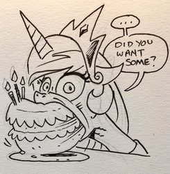 Size: 1004x1024 | Tagged: safe, artist:andy price, princess celestia, alicorn, pony, g4, ..., andy you magnificent bastard, cake, cakelestia, cute, eating, female, food, gentlemen, looking at you, majestic as fuck, mare, monochrome, nom, sillestia, silly, solo, speech bubble, stuffing, this will end in weight gain, traditional art