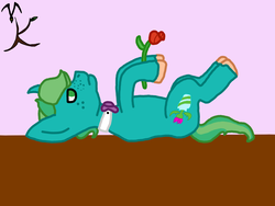 Size: 1280x960 | Tagged: safe, artist:valravnknight, oc, oc only, oc:star thistle, pony, unicorn, bowtie, playing dead, simple background, solo