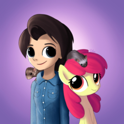 Size: 1500x1500 | Tagged: safe, artist:songbirdserenade, apple bloom, earth pony, ferret, human, pony, g4, duo, female, filly, michelle creber, voice actor joke