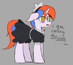 Size: 1195x1076 | Tagged: safe, artist:renderpoint, derpibooru exclusive, oc, oc only, oc:free quill, pony, unicorn, baka, blushing, clothes, crossdressing, gray background, maid, male, multicolored hair, simple background, sketch, solo, speech, stallion, tsundere