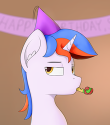 Size: 2039x2315 | Tagged: safe, artist:renderpoint, derpibooru exclusive, oc, oc only, oc:free quill, pony, unicorn, birthday, bust, gift art, hat, high res, male, party hat, party horn, simple background, solo, stallion