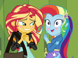 Size: 960x719 | Tagged: safe, artist:keronianniroro, artist:themexicanpunisher, edit, edited screencap, screencap, sunset shimmer, trixie, best trends forever, best trends forever: rainbow dash, equestria girls, g4, my little pony equestria girls: better together, blushing, canterlot high, clothes, female, hair swap, jacket, leather jacket, lesbian, lockers, open mouth, ship:suntrix, shipping, shoulder bag