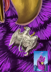 Size: 763x1080 | Tagged: safe, artist:rhaenjarr, oc, oc only, oc:der, oc:gyro feather, oc:gyro tech, griffon, beak, behaving like a bird, birds doing bird things, close-up, duo, feather, griffonized, male, micro, picture in picture, preening, species swap, tongue out