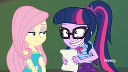 Size: 958x541 | Tagged: safe, screencap, fluttershy, sci-twi, twilight sparkle, equestria girls, equestria girls series, forgotten friendship, g4, bedroom eyes, discovery family logo, faic, female, geode of fauna, geode of telekinesis, glasses, magical geodes, ponytail