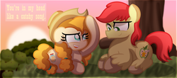 Size: 3768x1664 | Tagged: safe, artist:bubbly-storm, bright mac, pear butter, earth pony, pony, g4, the perfect pear, accessory swap, female, holiday, male, mare, ship:brightbutter, shipping, stallion, straight, tree, valentine's day, you're in my head like a catchy song
