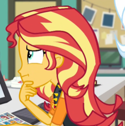 Size: 384x387 | Tagged: safe, screencap, sunset shimmer, trixie, equestria girls, equestria girls series, forgotten friendship, g4, :i, cropped