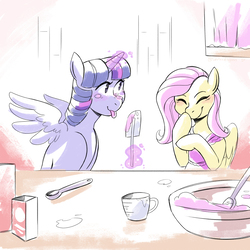 Size: 3000x3000 | Tagged: safe, artist:overlordneon, fluttershy, twilight sparkle, alicorn, pegasus, pony, g4, apron, batter, cake batter, clothes, cooking, cute, duo, female, flour, glowing horn, high res, horn, magic, shyabetes, smiling, spatula, tongue out, twilight sparkle (alicorn)