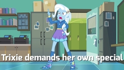 Size: 1440x826 | Tagged: safe, edit, edited screencap, screencap, trixie, equestria girls, equestria girls specials, g4, my little pony equestria girls: better together, my little pony equestria girls: forgotten friendship, boots, canterlot high, clothes, demands, female, high heel boots, high heels, hoodie, image macro, meme, shoes, skirt, socks, solo, trixie yells at everything, trixie's eqg demands