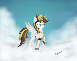 Size: 2636x2088 | Tagged: safe, artist:dreamy990, oc, oc only, oc:ruffian, pegasus, pony, clothes, cloud, female, goggles, high res, mare, raised hoof, shirt, solo