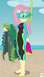 Size: 365x631 | Tagged: safe, screencap, fluttershy, equestria girls, equestria girls specials, g4, my little pony equestria girls: better together, my little pony equestria girls: forgotten friendship, barefoot, beach, cropped, dive mask, feet, female, flippers (gear), fluttershy's wetsuit, goggles, snorkel, solo, wetsuit