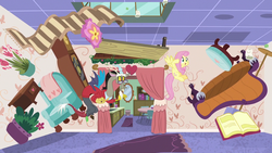 Size: 1280x720 | Tagged: safe, screencap, discord, fluttershy, pony, discordant harmony, g4, book, chair, clock, clothes, glasses, rug, sweater, upside down