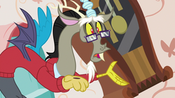 Size: 1280x720 | Tagged: safe, screencap, discord, discordant harmony, g4, clock, clothes, glasses, male, solo, sweater