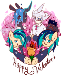 Size: 600x733 | Tagged: safe, artist:chirpy-chi, oc, oc only, oc:akiana, oc:azurite, oc:chirpy-chi, oc:dark shadow, oc:queen chalybeous, oc:sapphire breeze, bird, changeling, changeling queen, pony, bowtie, changeling oc, changeling queen oc, clothes, female, holiday, necktie, rule 63, simple background, suit, transparent background, valentine's day