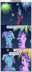Size: 1116x2500 | Tagged: safe, artist:frenkieart, starlight glimmer, tempest shadow, trixie, pony, unicorn, g4, my little pony: the movie, broken horn, cape, clothes, comic, dialogue, eye scar, fireworks, gem, hat, horn, magic, night, one eye closed, scar, sky, sparking horn, speech, trixie's cape, trixie's hat, wink