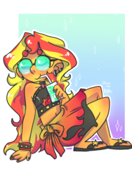 Size: 960x1280 | Tagged: safe, artist:jackytheripperart, sunset shimmer, equestria girls, equestria girls specials, g4, my little pony equestria girls: better together, my little pony equestria girls: forgotten friendship, bracelet, clothes, drink, drinking, female, jewelry, sandals, sarong, simple background, solo, spiked wristband, sunglasses, swimsuit, wingding eyes, wristband