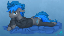 Size: 3840x2160 | Tagged: safe, artist:1jaz, oc, oc:vibrant star, earth pony, pony, clothes, collar, colt, high res, hoodie, hoofless socks, looking at you, lying, male, panties, socks, underwear, ych result