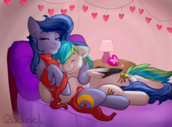 Size: 1901x1408 | Tagged: safe, artist:rudazmora, oc, oc only, oc:looic, oc:shadow blue, earth pony, pegasus, pony, calm, clothes, colt, couple, dress, evening, female, happy, heart, holiday, male, mare, oc x oc, red dress, shadooic, shipping, stallion, straight, valentine, valentine's day