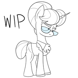 Size: 1285x1296 | Tagged: safe, artist:moonatik, raven, pony, unicorn, g4, clothes, formal, glasses, hair bun, lidded eyes, lineart, pants, scrunchie, shirt, smiling, solo, suit, tail bun, wip