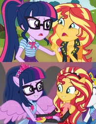 Size: 1600x2048 | Tagged: safe, artist:spottedlions, edit, screencap, rarity, sci-twi, sunset shimmer, twilight sparkle, equestria girls, equestria girls specials, g4, my little pony equestria girls: better together, my little pony equestria girls: forgotten friendship, comparison, crying, female, friendship, lesbian, ponied up, ship:sci-twishimmer, ship:sunsetsparkle, shipping, shipping fuel, super ponied up