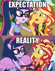 Size: 1600x2048 | Tagged: safe, artist:spottedlions, edit, edited screencap, screencap, rarity, sci-twi, sunset shimmer, twilight sparkle, equestria girls, equestria girls specials, g4, my little pony equestria girls: better together, my little pony equestria girls: forgotten friendship, comparison, crying, expectation vs reality, female, friendship, lesbian, ponied up, ship:sci-twishimmer, ship:sunsetsparkle, shipping, shipping fuel, super ponied up