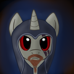 Size: 1024x1024 | Tagged: safe, artist:boushi33, oc, oc only, pony, unicorn, bust, facial hair, goatee, hood, looking at you, male, portrait, red eyes, skyrim, solo, stallion, the elder scrolls