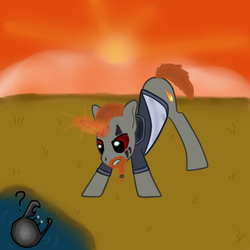 Size: 1000x1000 | Tagged: safe, artist:boushi33, oc, oc only, crab, pony, unicorn, clothes, epic battle, facial hair, glowing horn, goatee, horn, male, mudcrab, question mark, skyrim, solo, stallion, the elder scrolls